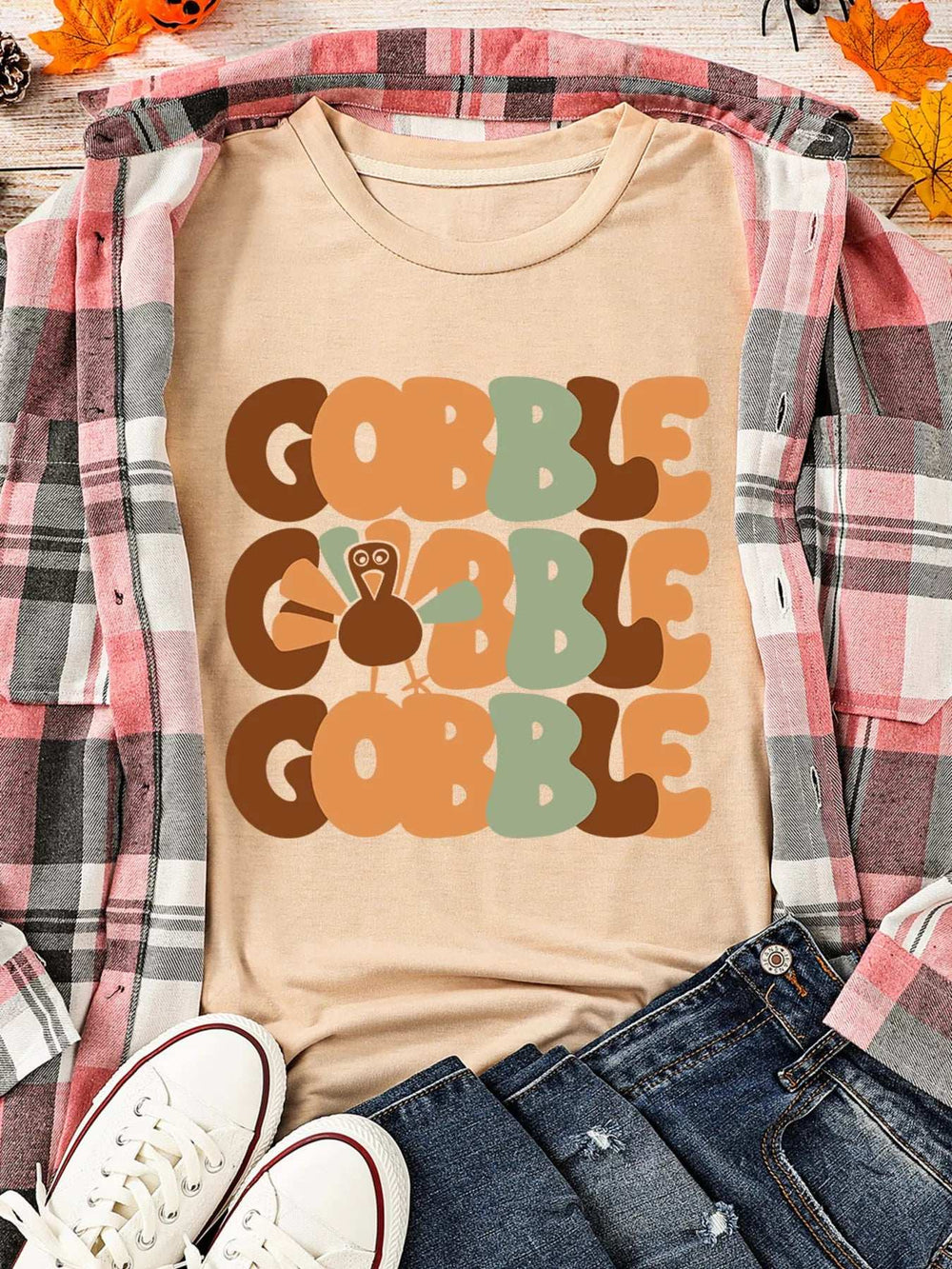 GOBBLE Turkey Graphic Thanksgiving Round Neck Tee - Trendsi - Flyclothing LLC