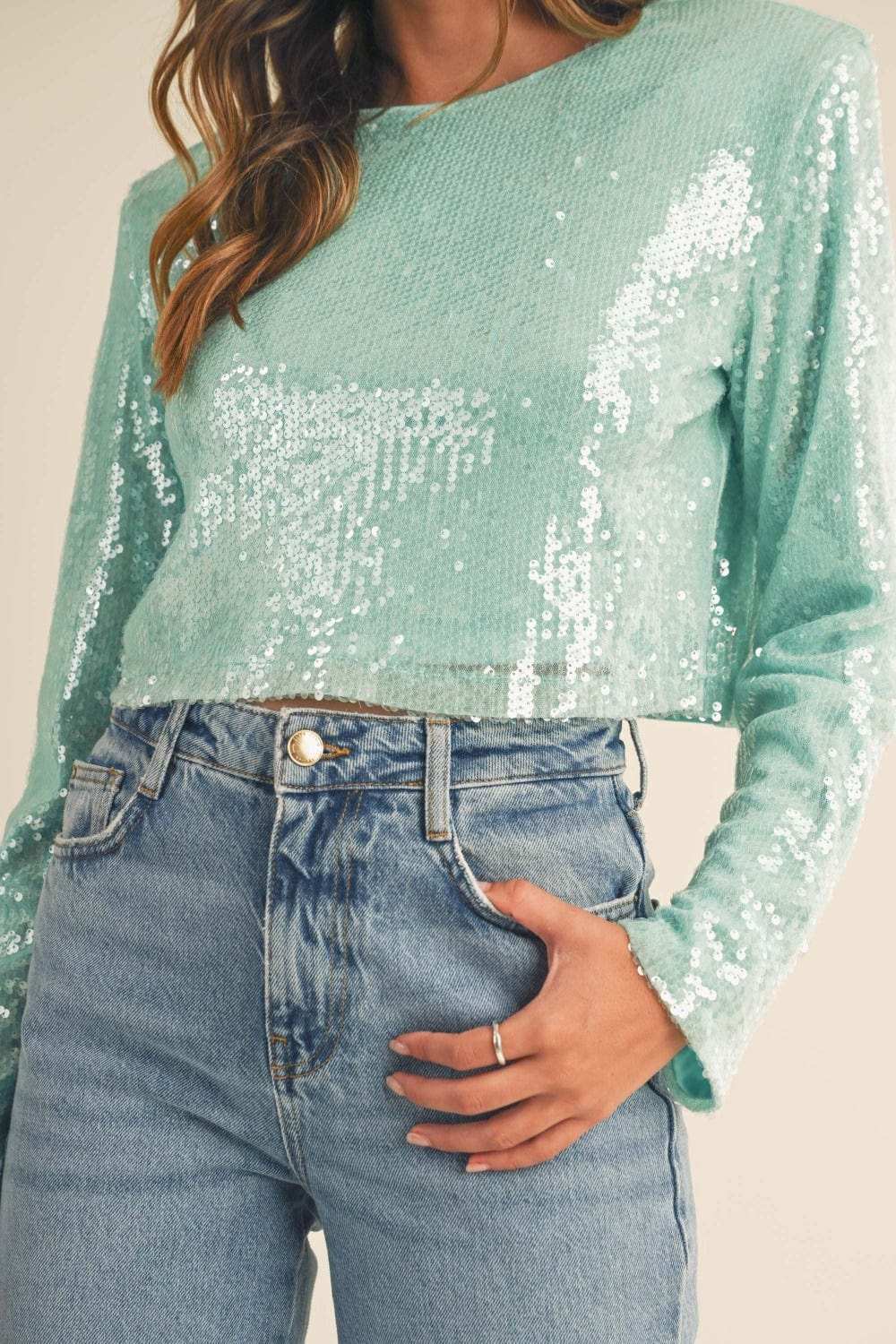 MABLE Shoulder Padded Sequin Crop Top - Trendsi - Flyclothing LLC