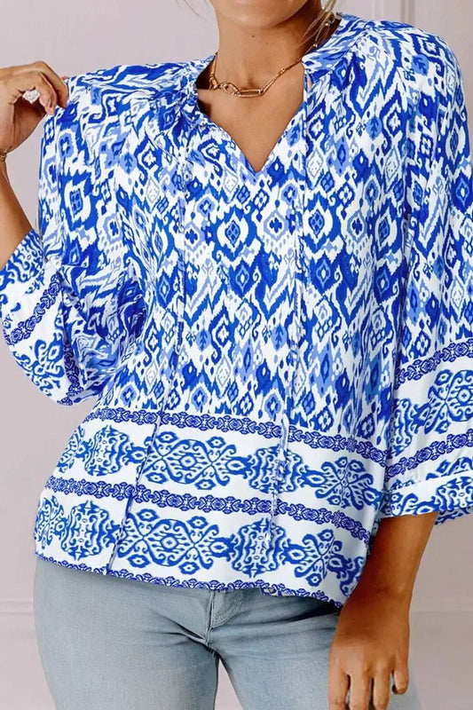 Printed Tie Neck Three-Quarter Sleeve Blouse - Trendsi - Flyclothing LLC