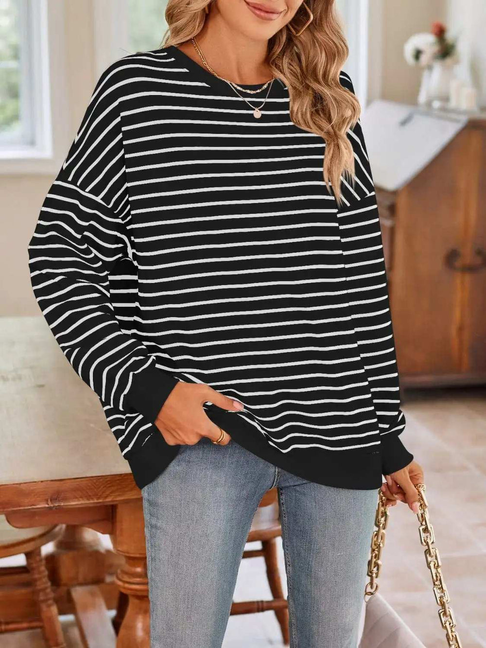 Striped Round Neck Long Sleeve Sweatshirt - Trendsi - Flyclothing LLC