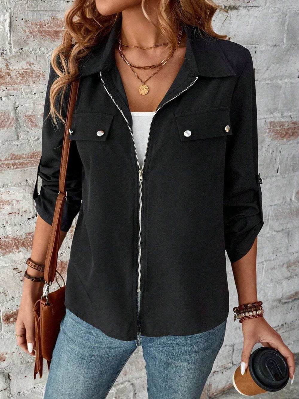 Zip Up Collared Neck Roll-Tab Sleeve Jacket - Trendsi - Flyclothing LLC