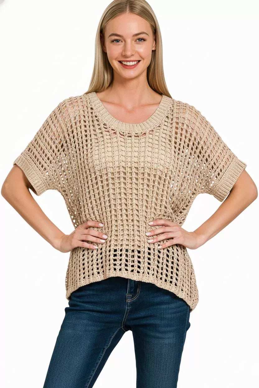 Zenana Fish Net Short Sleeve Crochet Knit Cover Up - Trendsi - Flyclothing LLC