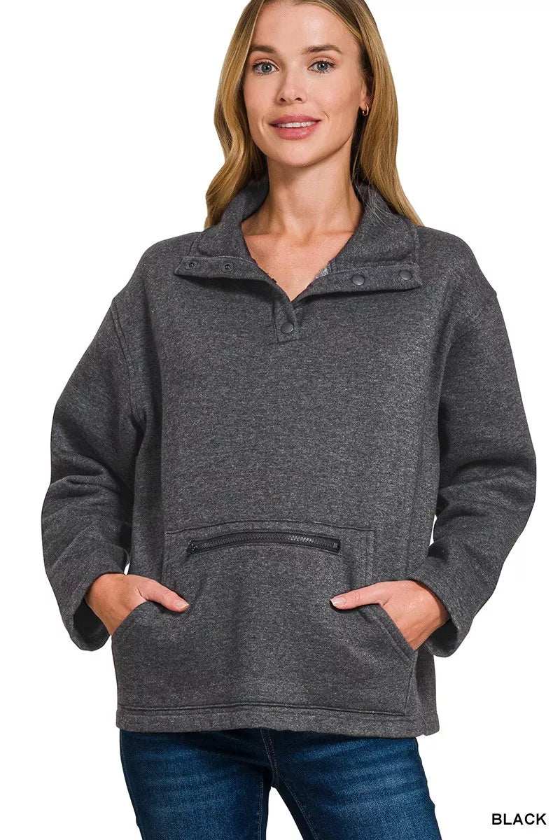 Zenana Fleece Washed High Neck Kangaroo Pocket Sweatshirt - Trendsi - Flyclothing LLC