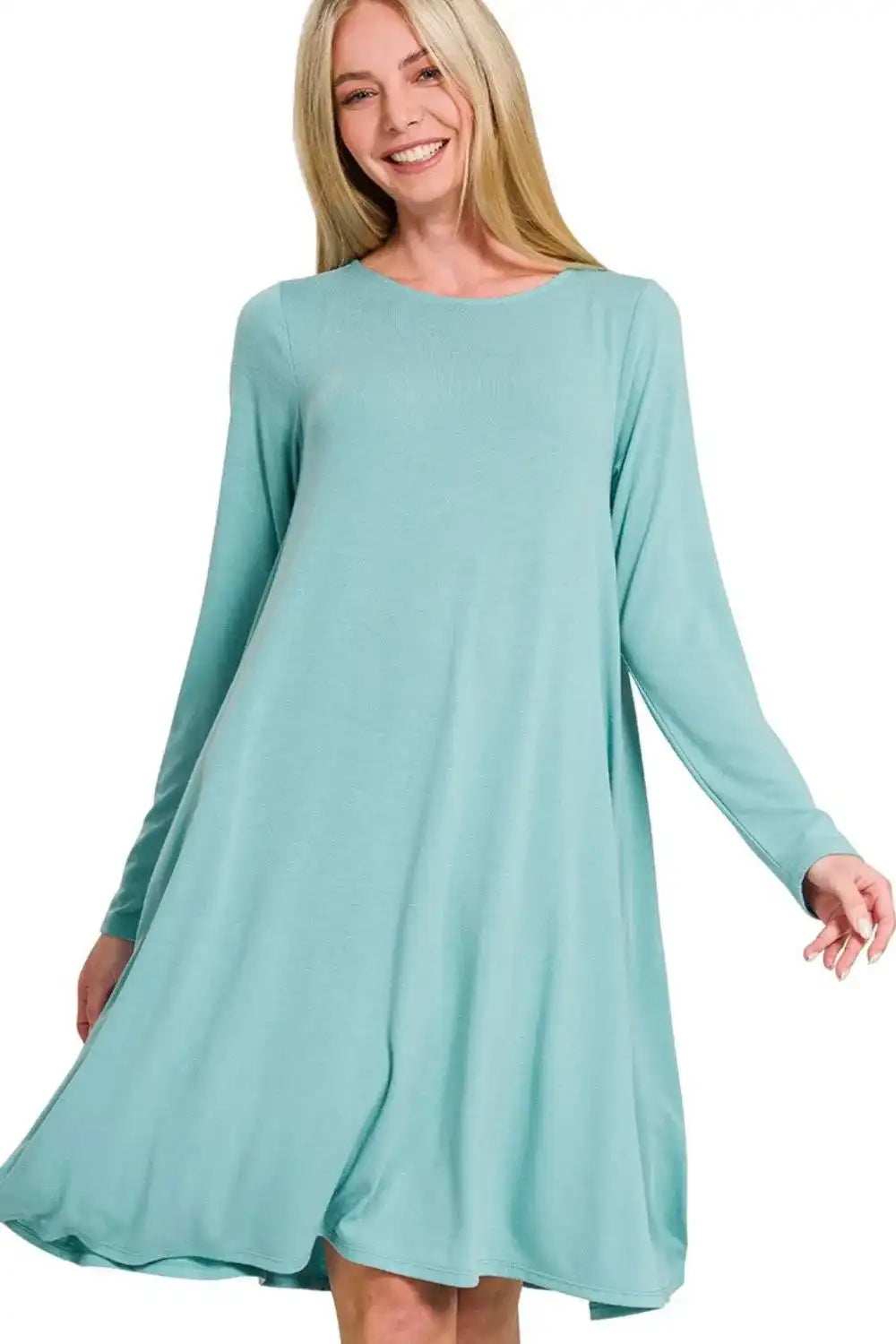 Zenana Long Sleeve Flare Dress With Pockets - Trendsi - Flyclothing LLC