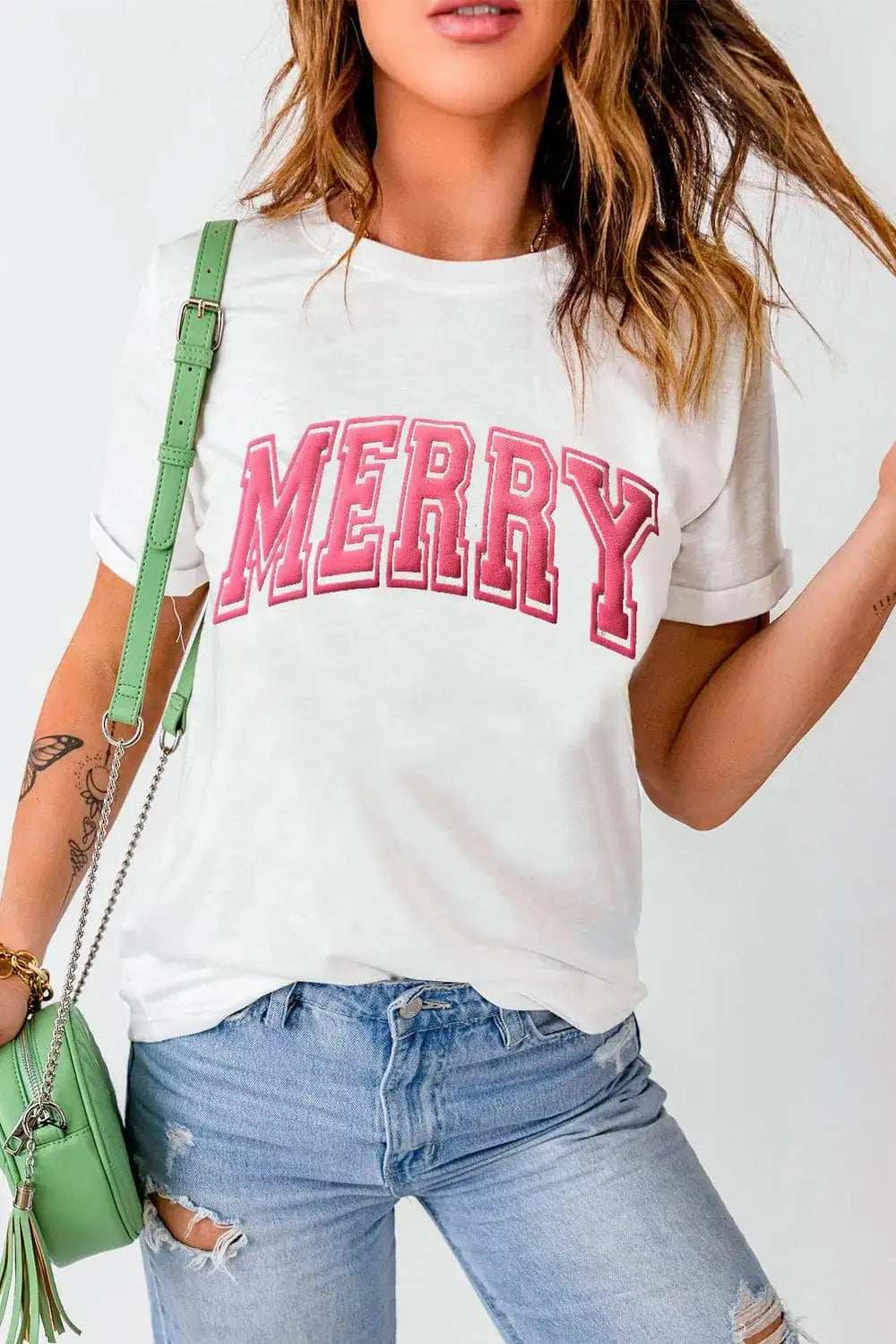 MERRY Round Neck Short Sleeve T-Shirt - Trendsi - Flyclothing LLC