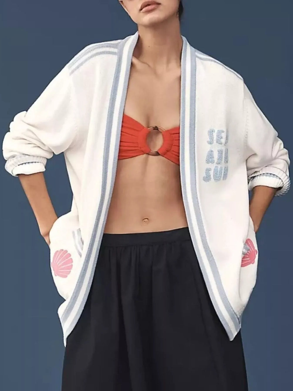 Seashell Embroidered Open Front Cardigan - Trendsi - Flyclothing LLC