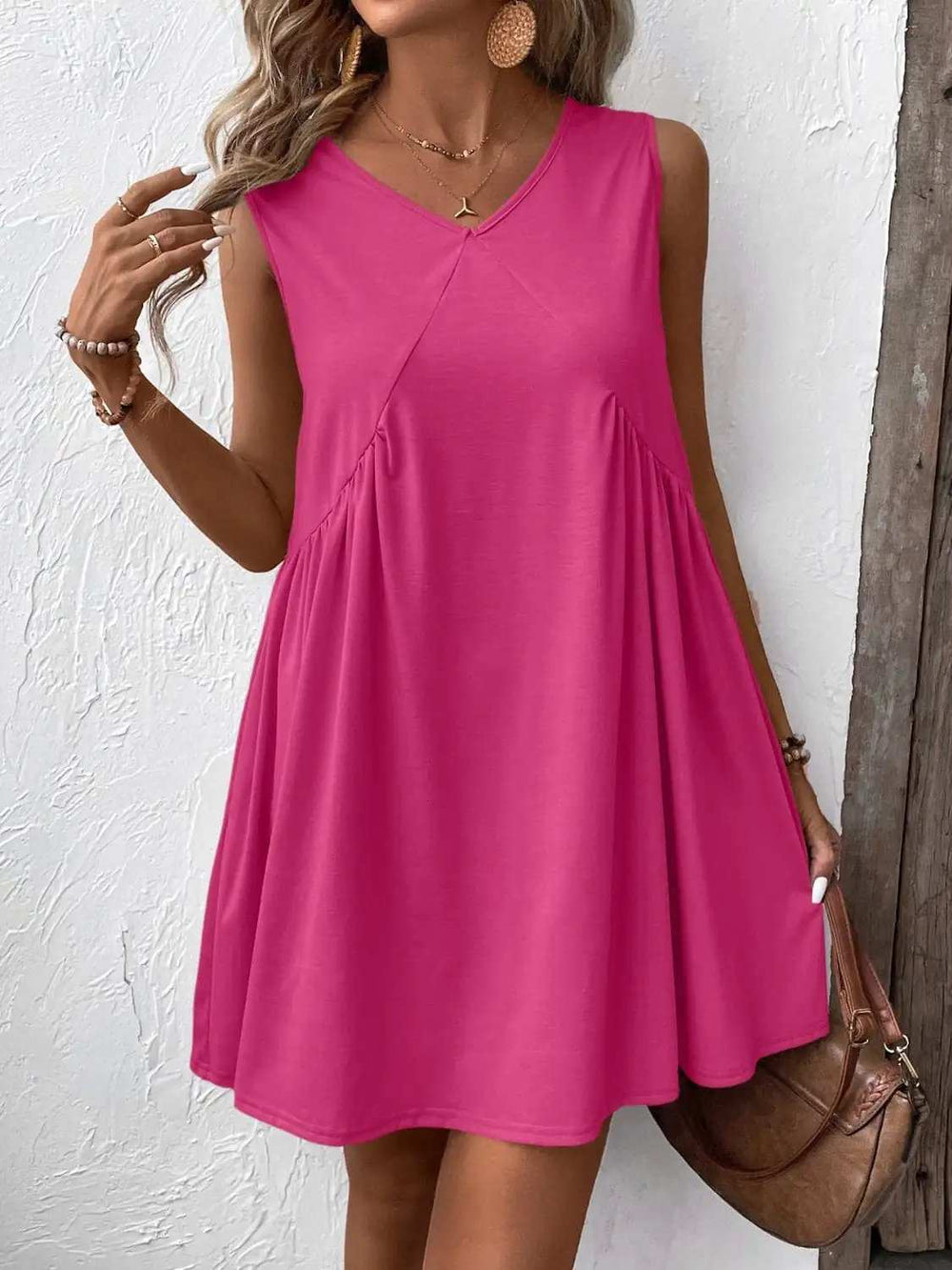 Ivy Lane Ruched V-Neck Sleeveless Mini Dress - Trendsi - Flyclothing LLC