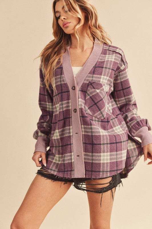 Aemi + Co Side Slit Patch Pocket Plaid Button Down Jacket - Trendsi - Flyclothing LLC