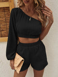 One Shoulder Long Sleeve Top and Shorts Set - Trendsi - Flyclothing LLC