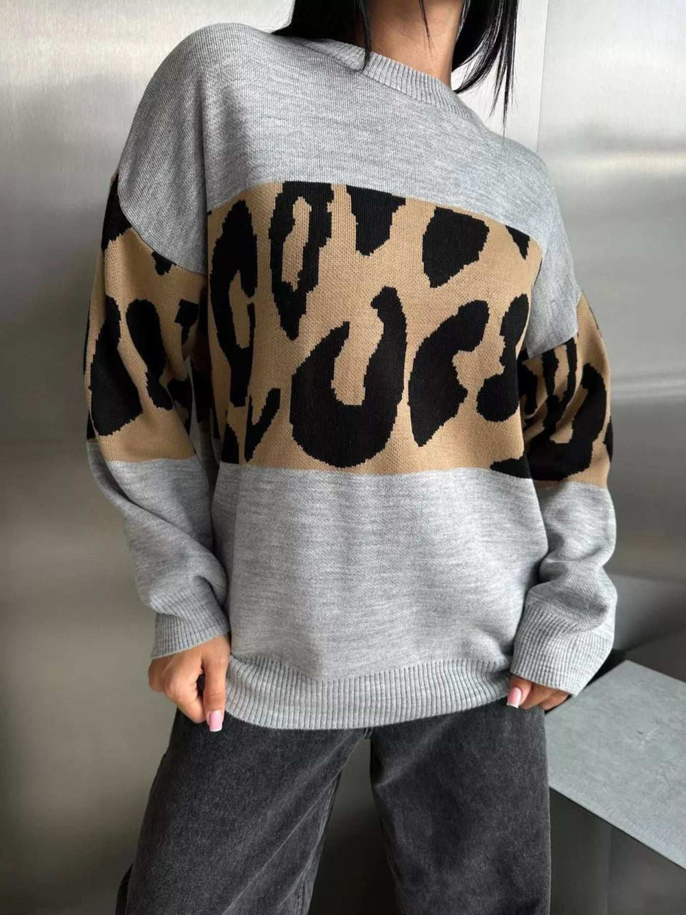 Leopard Color Block Round Neck Sweater - Trendsi - Flyclothing LLC