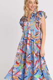 Umgee Full Size Leaf Print Double Layered Ruffle Sleeve Tiered Midi Dress Plus Size - Trendsi - Flyclothing LLC
