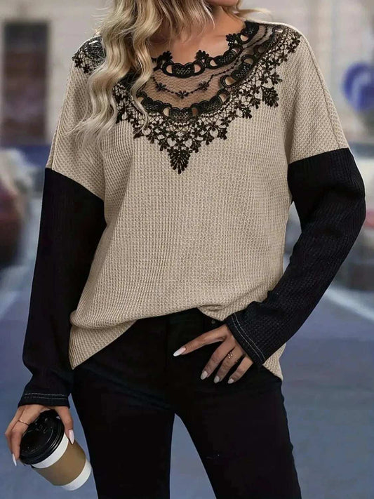 Contrast Lace Round Neck Long Sleeve T-Shirt - Trendsi - Flyclothing LLC