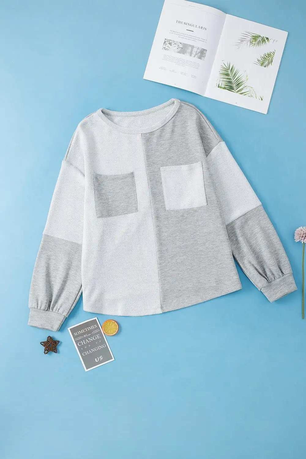 Color Block Double Chest Pocket Boat Neck Top - Trendsi - Flyclothing LLC