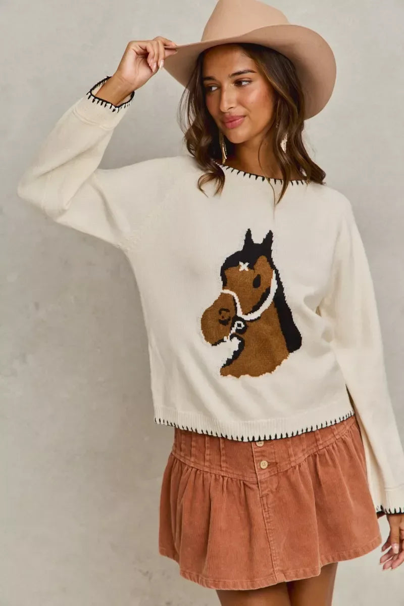 SO ME Horse Knit Sweater Top with Blanket Stitch - Trendsi - Flyclothing LLC
