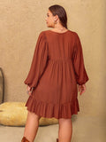 Plus Size Embroidered Tie Neck Balloon Sleeve Mini Dress - Trendsi - Flyclothing LLC