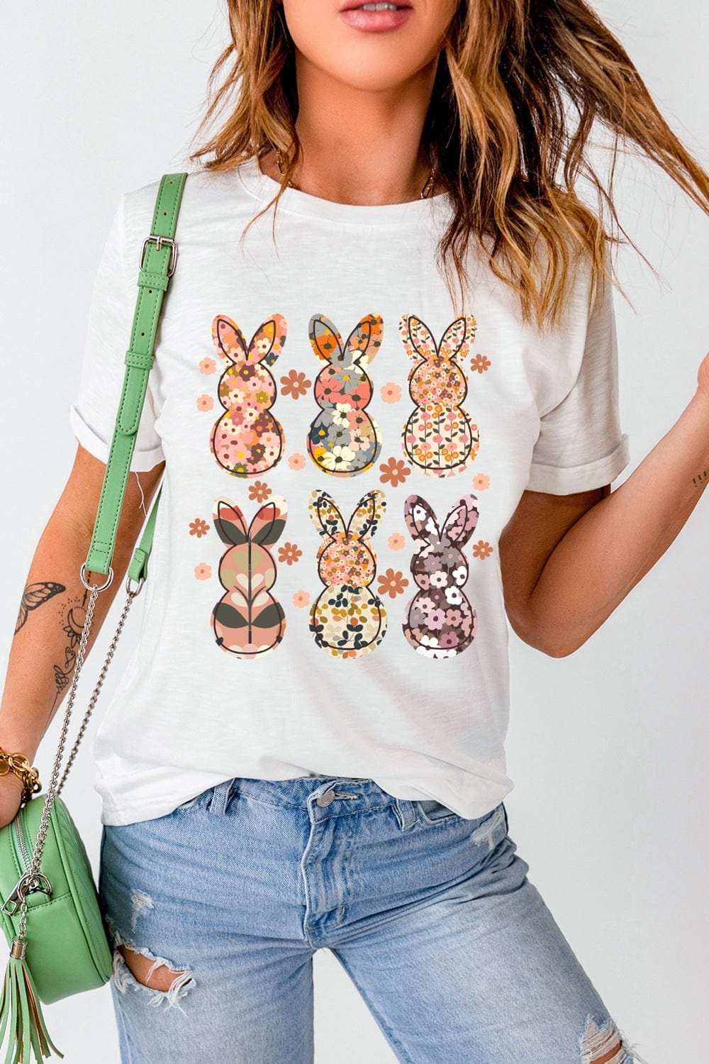 Floral Bunny Graphic Crewneck Short Sleeve T-Shirt - Trendsi - Flyclothing LLC