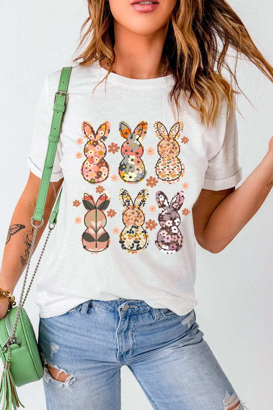 Floral Bunny Graphic Crewneck Short Sleeve T-Shirt - Trendsi - Flyclothing LLC