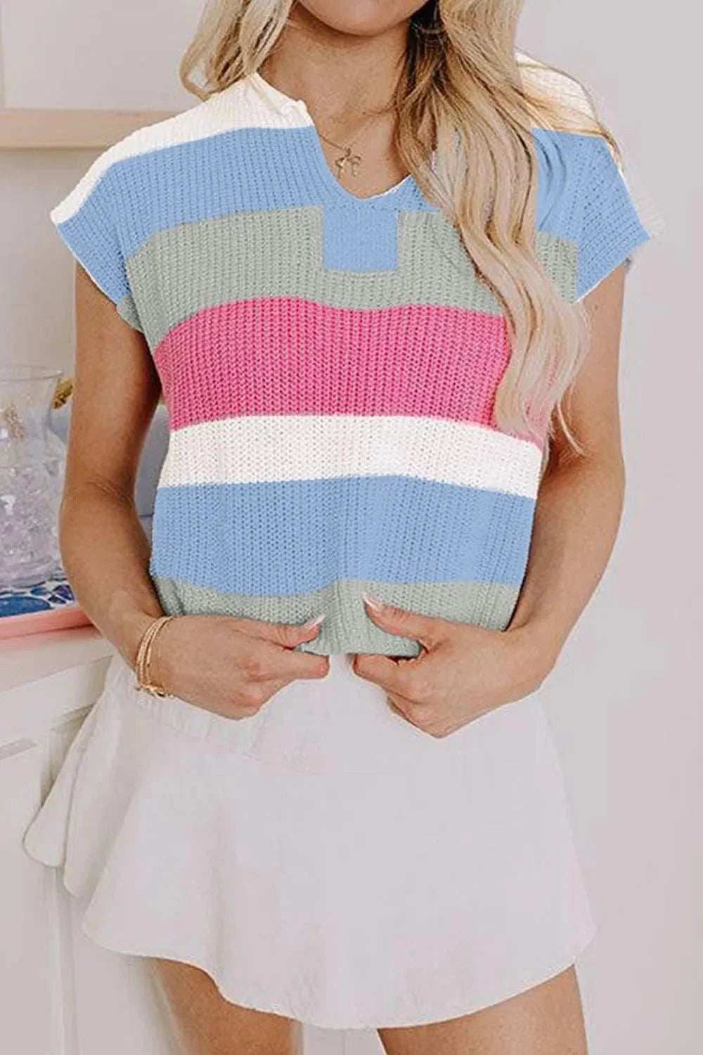 Color Block Notched Cap Sleeve Knit Top - Trendsi - Flyclothing LLC