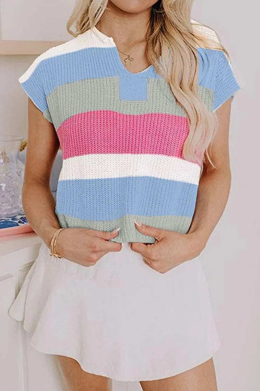 Color Block Notched Cap Sleeve Knit Top - Trendsi - Flyclothing LLC