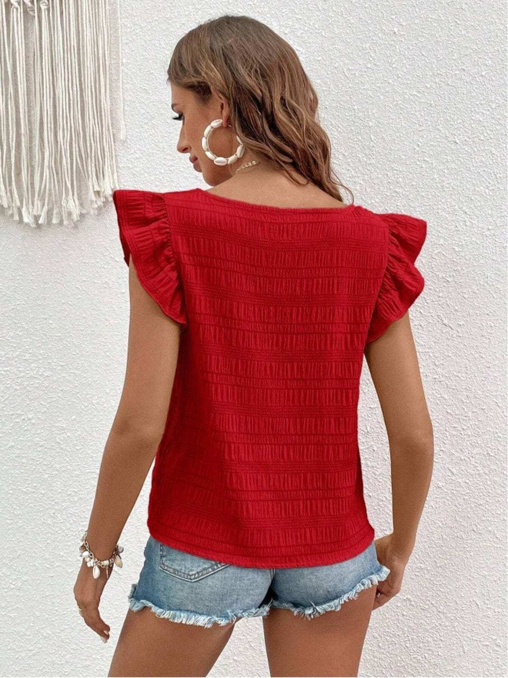 Ruffled Square Neck Cap Sleeve Blouse - Trendsi - Flyclothing LLC
