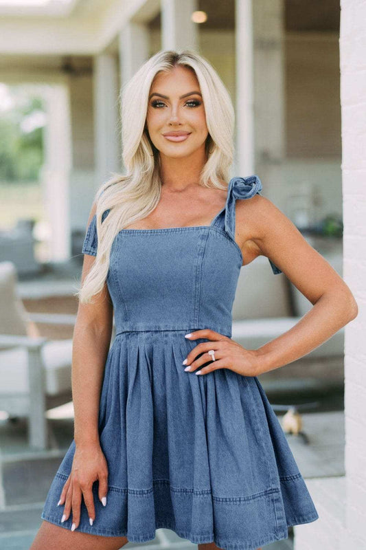 Square Neck Tie Shoulder Denim Dress - Trendsi - Flyclothing LLC