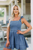 Square Neck Tie Shoulder Denim Dress - Trendsi - Flyclothing LLC