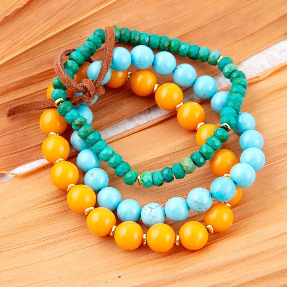 Apricot Blue Teals Triple Golden Bracelet Set - Barse Jewelry - Flyclothing LLC