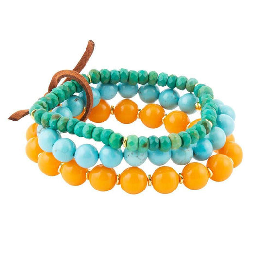 Apricot Blue Teals Triple Golden Bracelet Set - Barse Jewelry - Flyclothing LLC