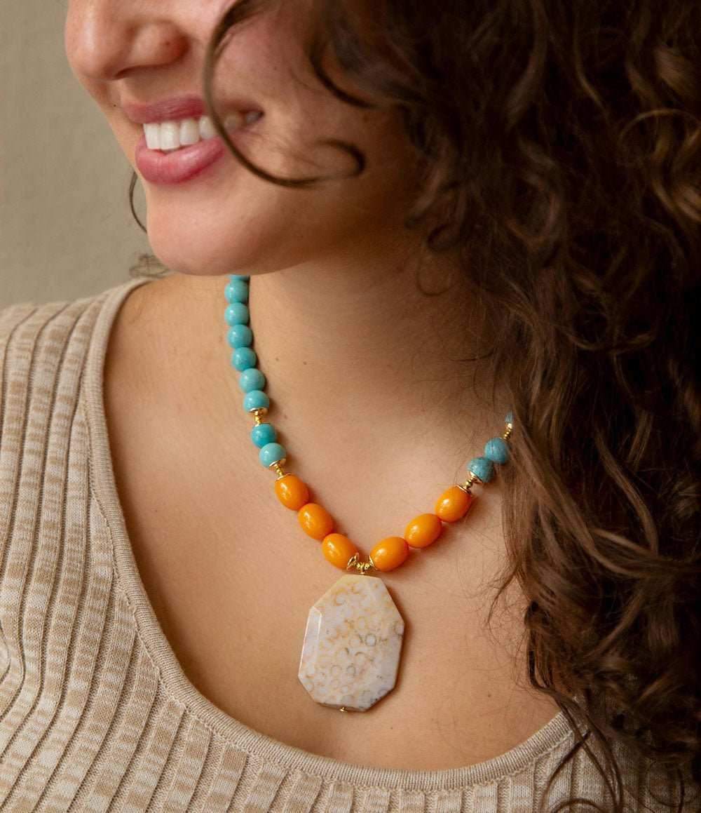 Apricot Fossil Blue Magnesite Golden Pendant Necklace - Barse Jewelry - Flyclothing LLC