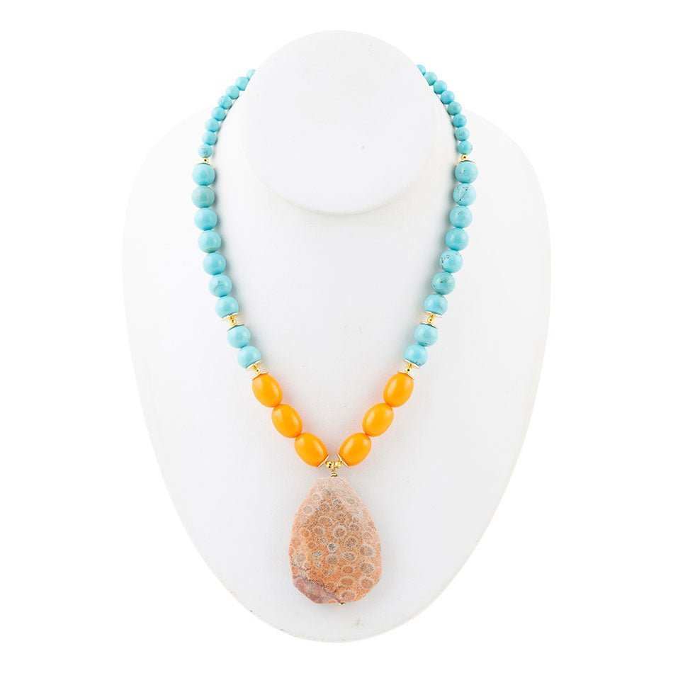Apricot Fossil Blue Magnesite Golden Pendant Necklace - Barse Jewelry - Flyclothing LLC