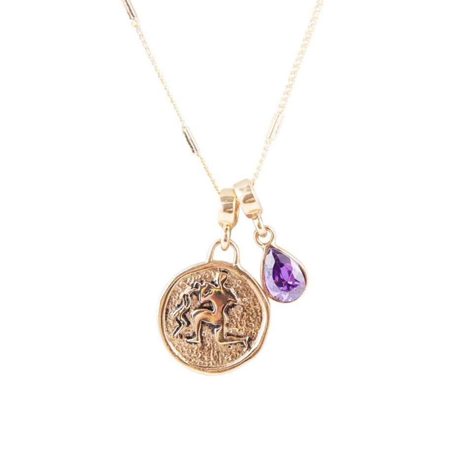 Aquarius - Zodiac Purple Amethyst Golden Charm Necklace - Barse Jewelry - Flyclothing LLC