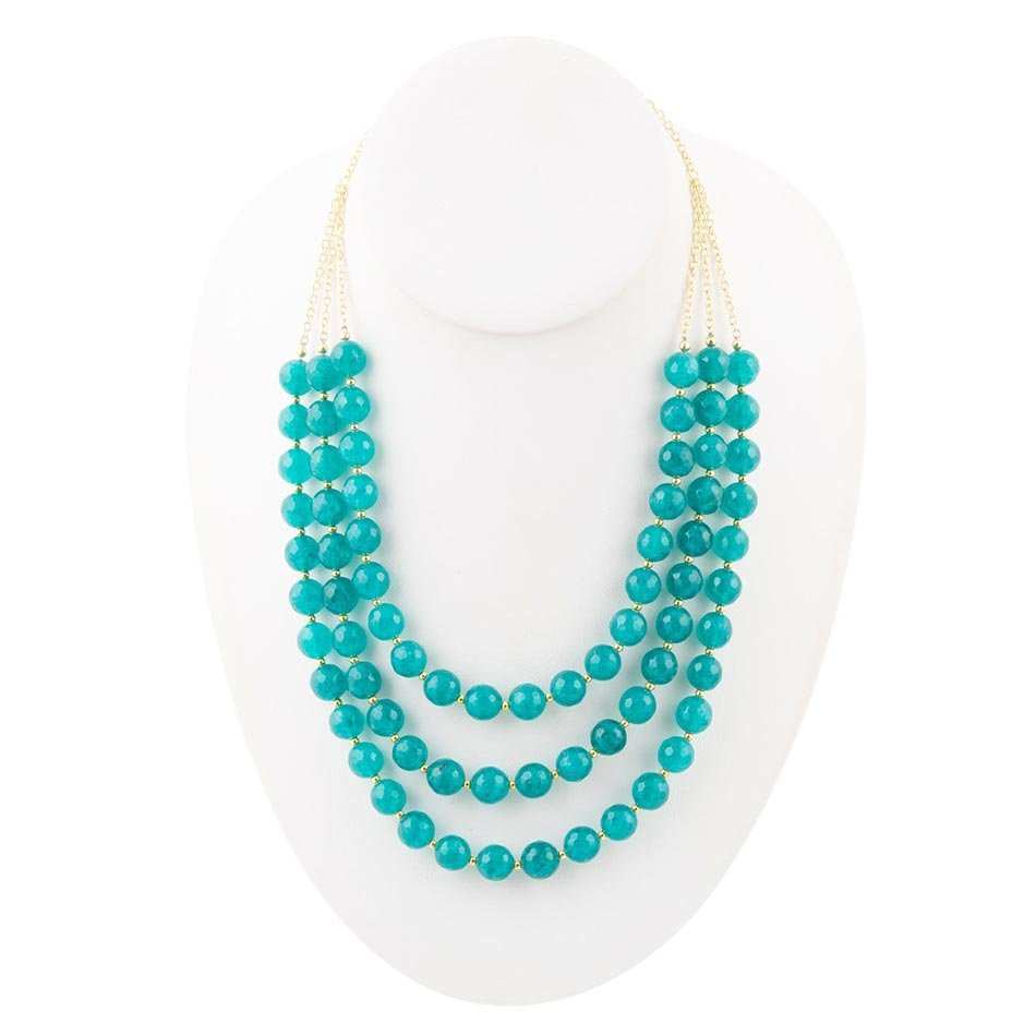 Argo Blue Teal Jade Triple Strand Golden Necklace - Barse Jewelry - Flyclothing LLC