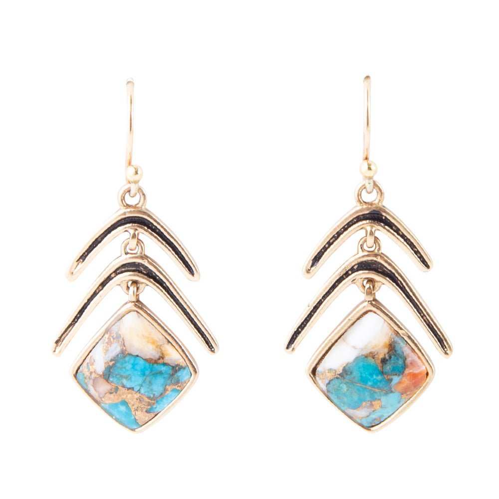 Arrows Blue Turquoise and Spiny Oyster Matrix Golden Drop Earrings - Barse Jewelry - Flyclothing LLC