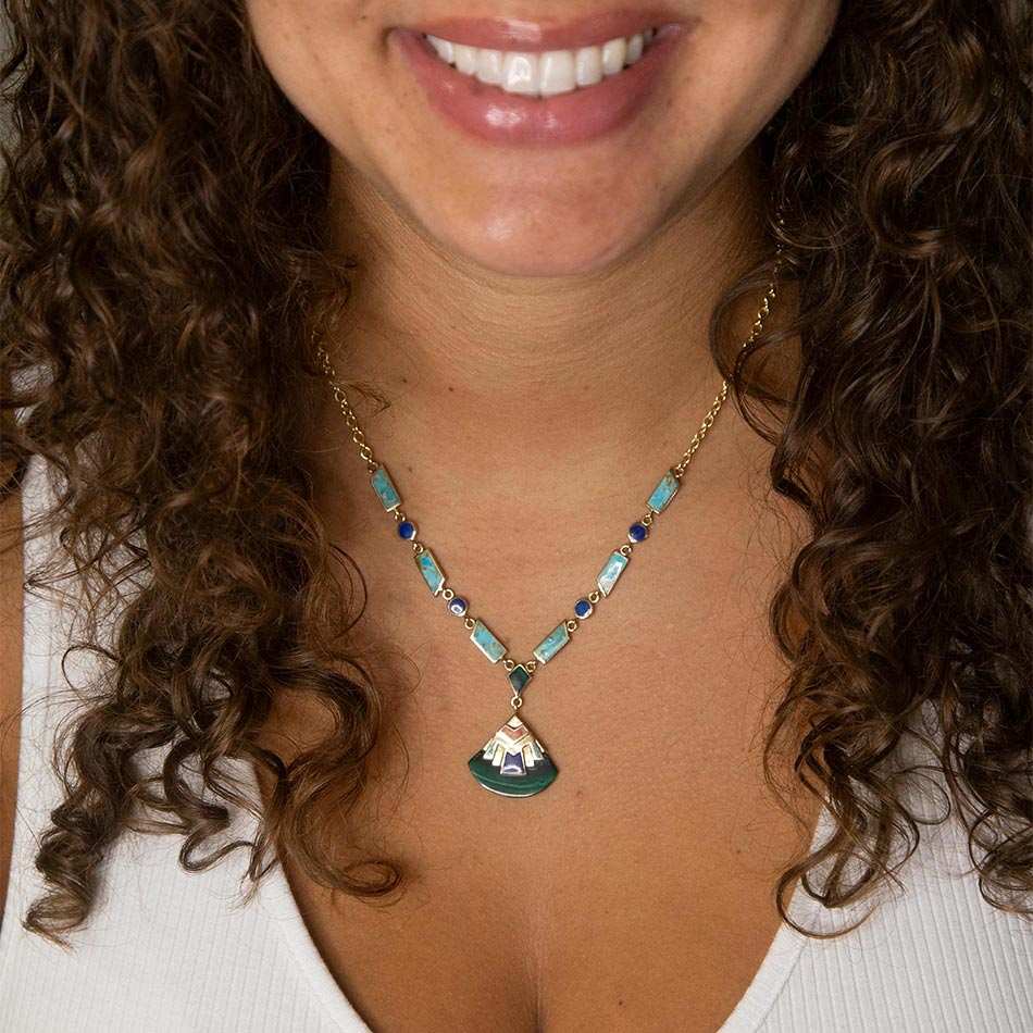 Art Deco Colorful Inlay Golden Necklace - Barse Jewelry - Flyclothing LLC