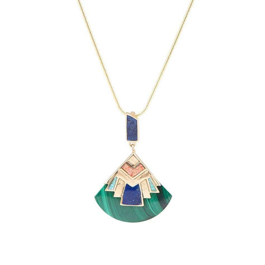 Art Deco Colorful Inlay Golden Pendant Necklace - Barse Jewelry - Flyclothing LLC