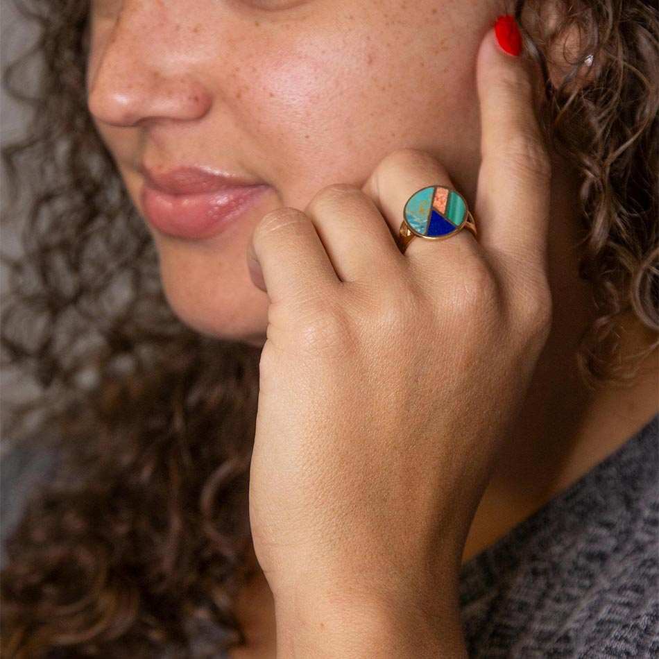 Art Deco Colorful Inlay Golden Ring - Barse Jewelry - Flyclothing LLC