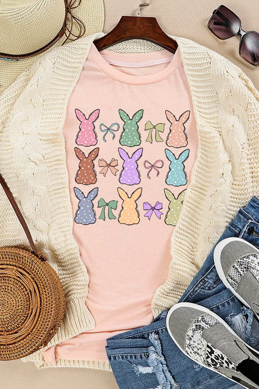 Dotty Bunny Bow Graphic Short Sleeve T-Shirt - Trendsi - Flyclothing LLC