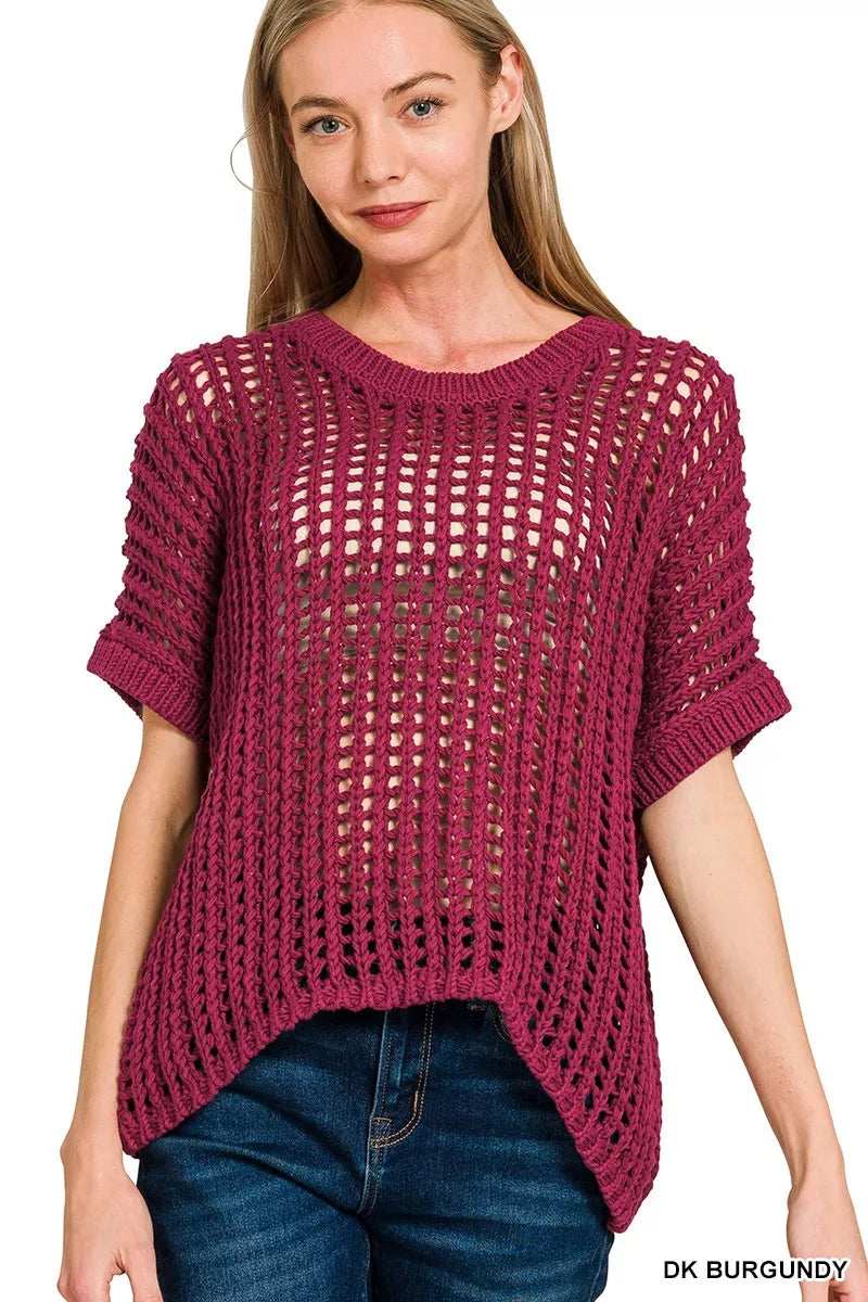 Zenana Fish Net Short Sleeve Crochet Knit Cover Up - Trendsi - Flyclothing LLC