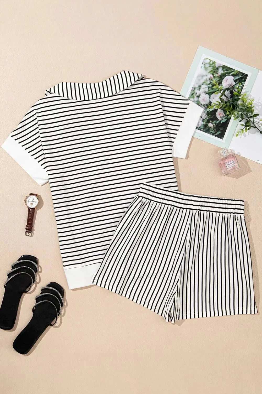 Stripe V Neck Tee and Casual Shorts Set - Trendsi - Flyclothing LLC