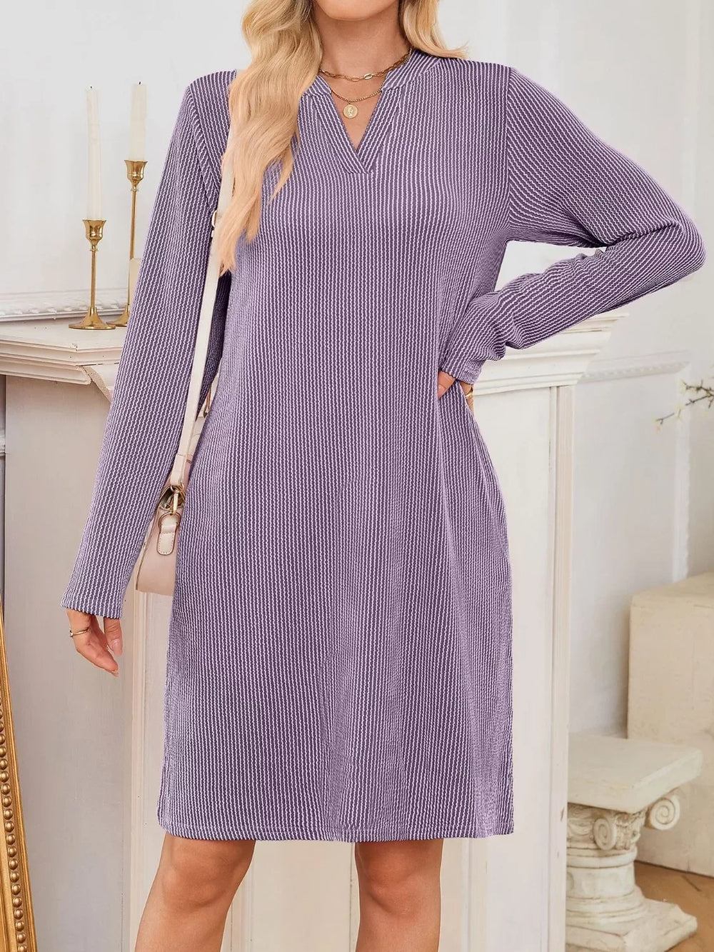 Casual Ribbed Knit Long Sleeve Dress - Trendsi - Flyclothing LLC