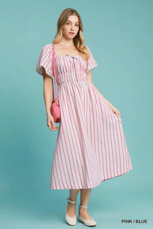 Umgee Smocked Striped Short Sleeve Midi Dress - Trendsi - Flyclothing LLC