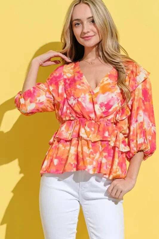 And The Why Ruffled Printed Puff Sleeve Blouse - Trendsi - Flyclothing LLC