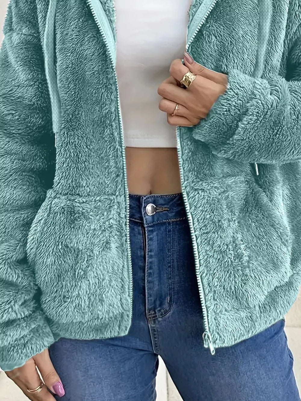 Drawstring Fleece Zip-Up Outerwear - Trendsi - Flyclothing LLC