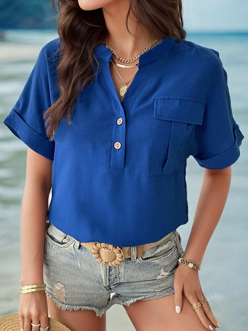Buttoned Notched Short Sleeve Blouse - Trendsi - Flyclothing LLC