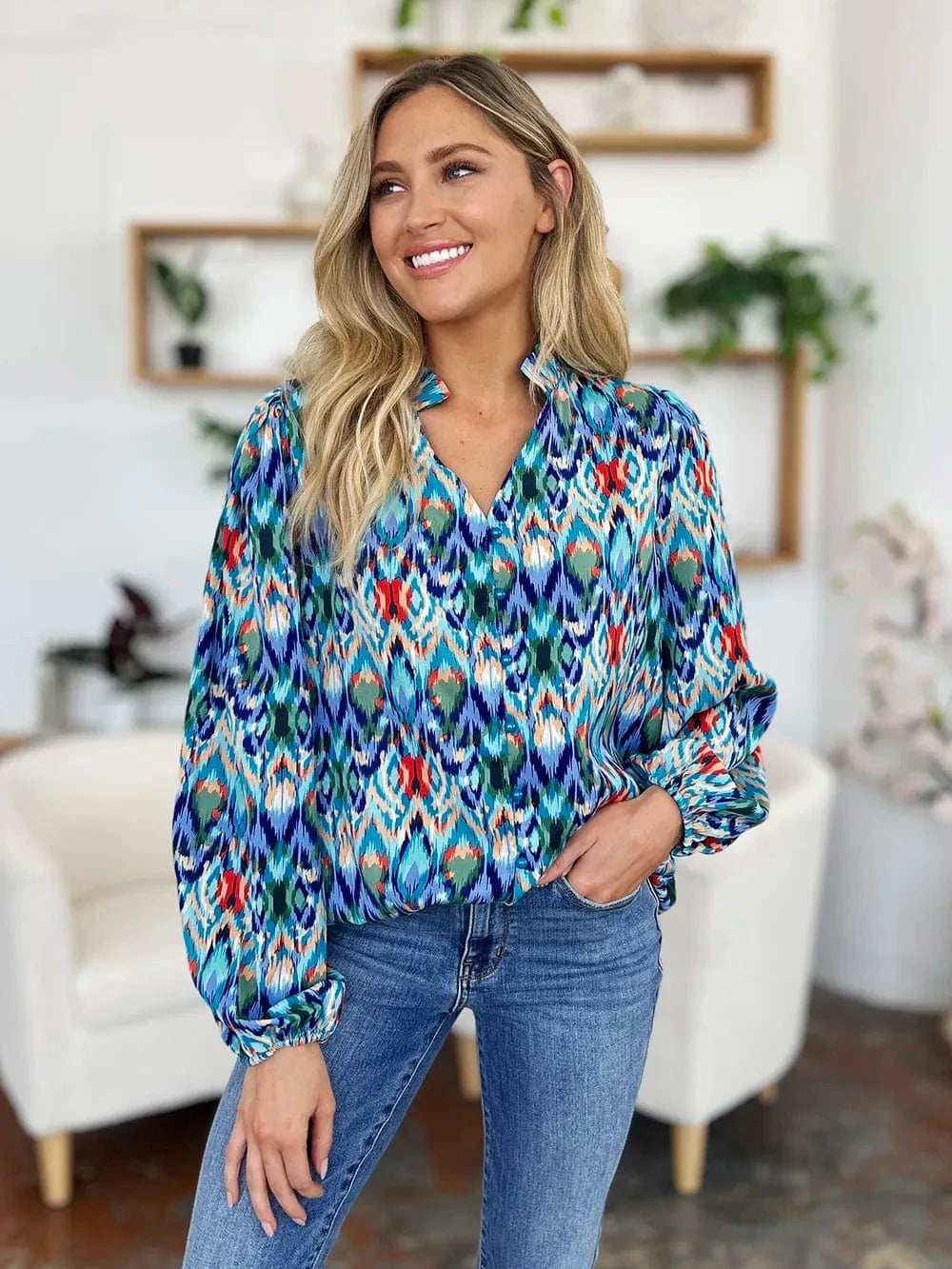Double Take Full Size Printed Balloon Sleeve Blouse - Trendsi - Flyclothing LLC