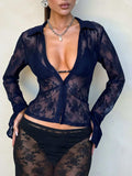 Devine Plunge Long Sleeve Lace Top - Trendsi - Flyclothing LLC