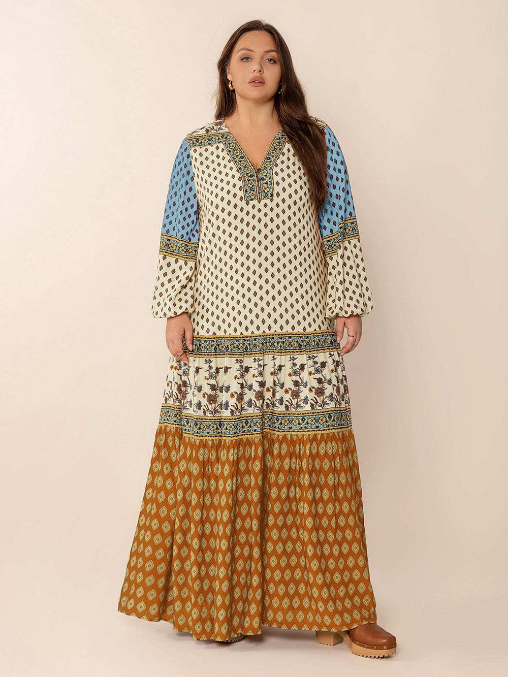 Plus Size Printed V-Neck Balloon Sleeve Maxi Dress - Trendsi - Flyclothing LLC