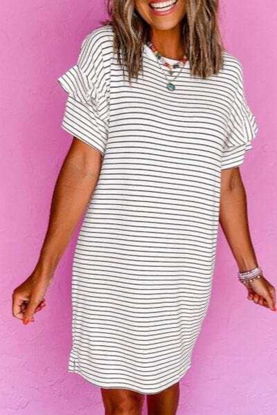 Stripe Round Neck Short Sleeve Mini Dress - Trendsi - Flyclothing LLC