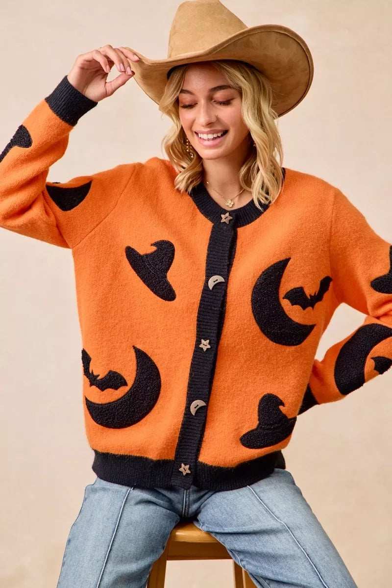 BiBi Halloween Witch Hat Moon Bat Artwork Cardigan - Trendsi - Flyclothing LLC