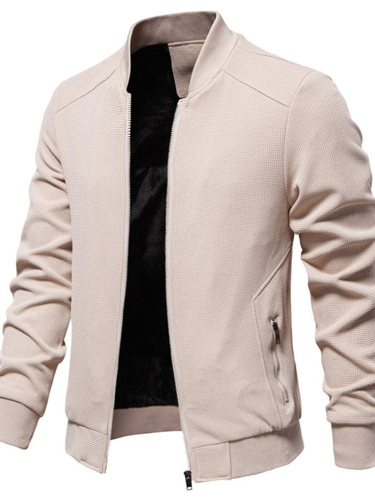 Men's Waffle Knit Baseball Collar Zip Up Jacket - Trendsi - Flyclothing LLC